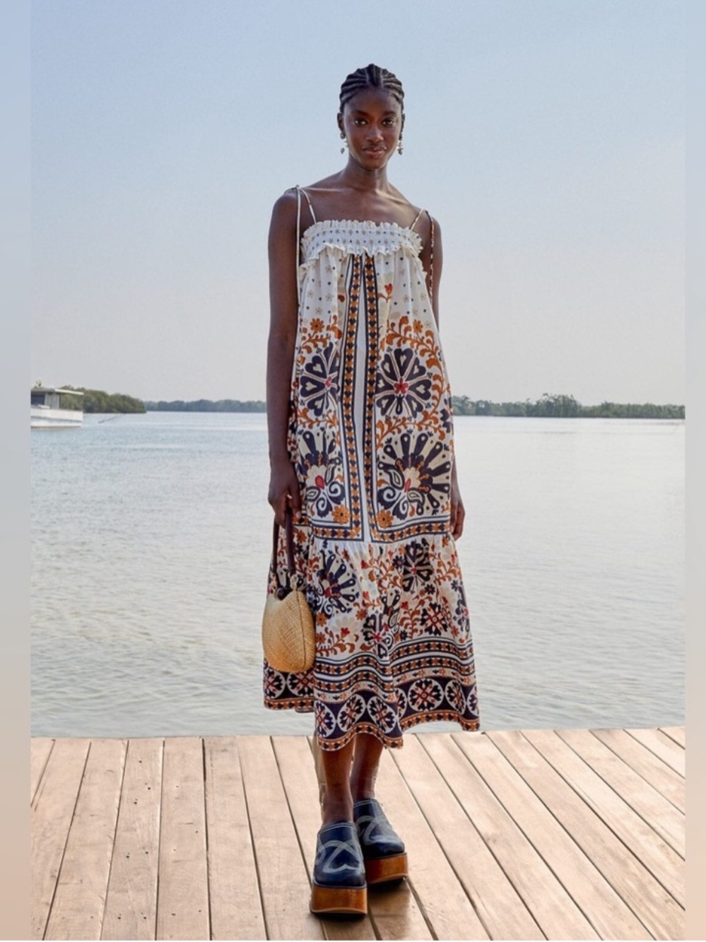 Farm Rio Flower Fan Tapestry Midi dress